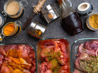 different meat types pickled in glass bowls, jars with spices ad herbs as curcuma,cardamon, rosemary on grey background