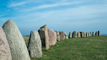 Landmark - Ale Stones (Ales stenar) old monument of stones. Photo taken inside the ring. A sunny...