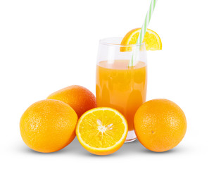 Fresh Orange Juice In Glass With Fruits On White Background