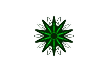 Green star, emerald, gem stone, virus icon. Bright rounded acute symmetrical flower stained glass
