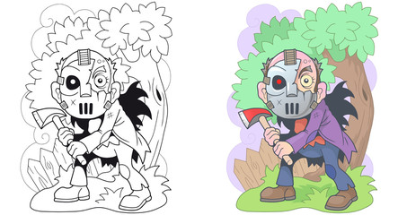 cartoon angry maniac with an ax in his hands, funny illustration