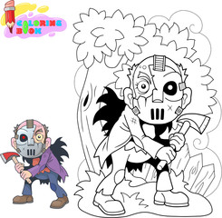 cartoon angry maniac with an ax in his hands, funny illustration