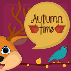 Autumn time card with a cute deer and bird - Vector