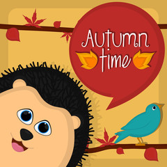 Autumn time card with a cute porcupine and bird - Vector