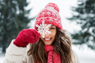 people, season and christmas concept - portrait of happy smiling teenage girl or young woman with...