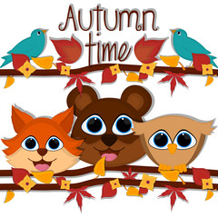 Autumn time card with a cute fox, bear and owl - Vector