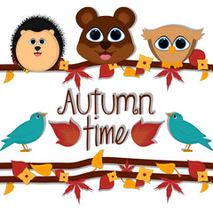 Autumn time card with a cute porcupine, bear and owl - Vector