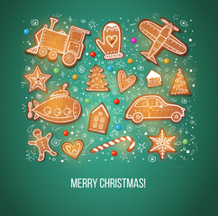 Naklejka premium Christmas card with gingerbread cookies in shape of toys: plane,
