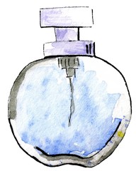 Fototapeta na wymiar Perfume blue bottle. Watercolor hand drawn illustration. Isolated on white background. Trendy print. Fashion illustration beauty cosmetic.