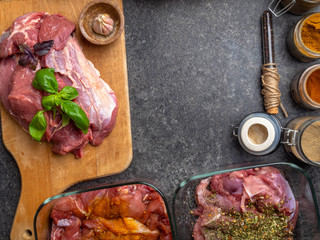 Raw meat with herbs , spices, sauces on concrete background. Top view