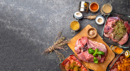 banner of raw meat with herbs , spices, sauces on concrete background. Top view, flat lay