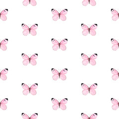 Pink butterflies. Seamless watercolor pattern on a white background.