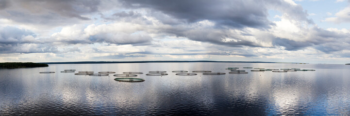 panorama of a lake with fish tanks