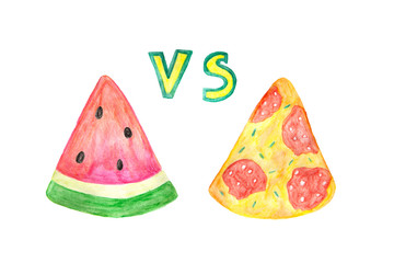 Healthy food versus unhealthy - pizza and watermelon watercolor painting isolated on white