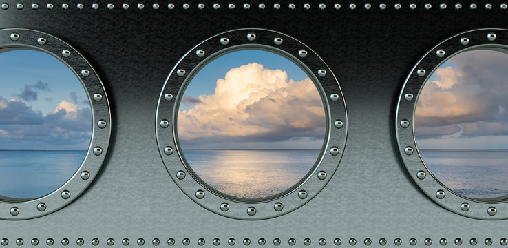 ship portholes - looking onto the ocean - 3d rendering