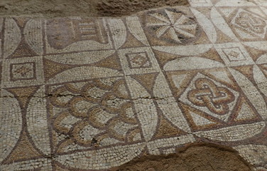 Roman mosaic located in archaeological site in The Bishop's Basilica of Philippopolis, the city of Plovdiv, Bulgaria. Roman mosaic in the oldest city in Europe