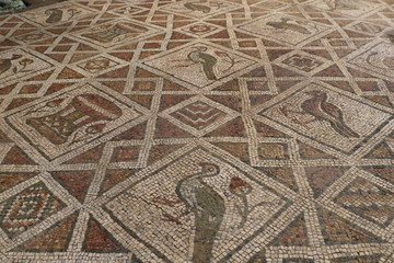 Roman mosaic located in archaeological site in The Bishop's Basilica of Philippopolis, the city of Plovdiv, Bulgaria. Roman mosaic in the oldest city in Europe