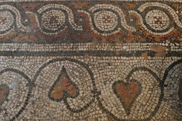 Roman mosaic located in archaeological site in The Bishop's Basilica of Philippopolis, the city of Plovdiv, Bulgaria. Roman mosaic in the oldest city in Europe