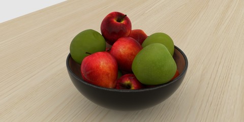 Extremely detailed and realistic high resolution 3d illustration of a fruit basket full of green and red apples