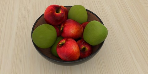 Extremely detailed and realistic high resolution 3d illustration of a fruit basket full of green and red apples