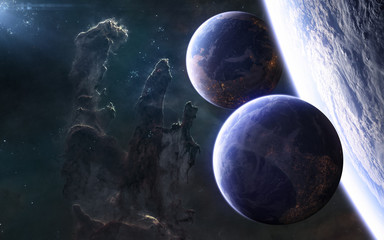 Inhabited planets of deep space against background of the Pillars of Creation. Beautiful deep space...