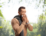 Man sneezing and suffering from a hay fever allergy