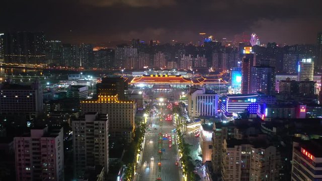 night illuminated zhuhai traffic road border port macau city aerial panorama 4k china
