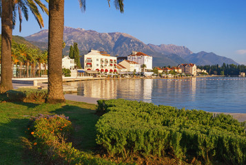 Embankment of Tivat town on sunny autumn day. Montenegro, Adriatic Sea, Bay of Kotor