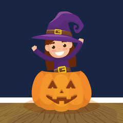 little girl with witch disguise and pumpkin