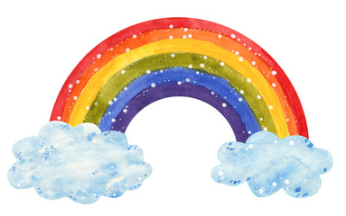Rainbow comming out of clouds, hand drawn watercolor illustration isolated on white.