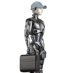 Futuristic humanoid businessman in a cap or detailed android worker standing with a bag. Isolated on white background. 3d render