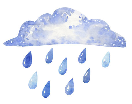 Cloud with raindrops, hand drawn watercolor illustration isolated on white.