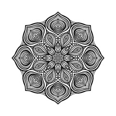 Black floral circular pattern on white background. Coloring book for adults