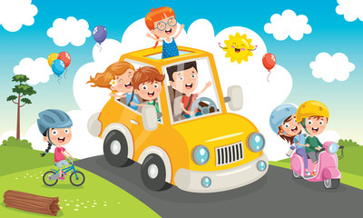 Obraz na płótnie Canvas Children Travelling With A Funny Car