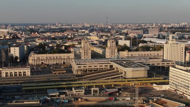 Minsk train station. City center. Shot on a quadrocopter