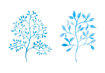 Blue tree branch watercolor painting, hand drawn foliage set isolated on white background