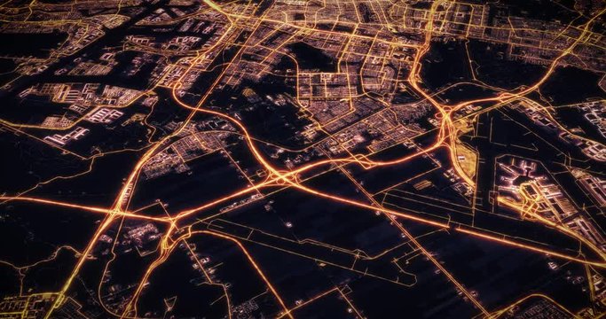 Aerial night view of city of Amsterdam, Netherlands. Traffic and street light glowing. Camera flying above space filming cinematic straight and tilting down. 3d animation rendering.