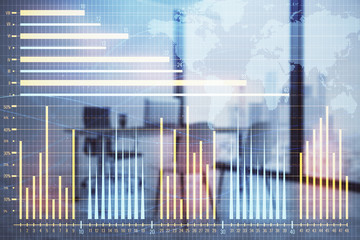 Forex chart hologram with map and minimalistic cabinet interior background. Double exposure. International business concept.