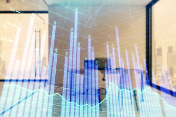 Forex chart hologram with minimalistic cabinet interior background. Double exposure. Stock market concept.