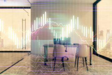 Forex chart hologram with minimalistic cabinet interior background. Double exposure. Stock market concept.