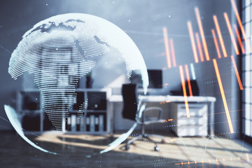 Forex chart hologram with map and minimalistic cabinet interior background. Double exposure. International business concept.