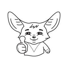 Black and white illustration of smiling pleased fennec fox who shows his thumb with approval. Amusing kawaii cartoon character. Funny emotion and face expression
