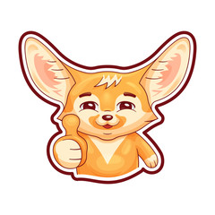 Obraz premium Smiling pleased fennec fox shows his thumb with approval. Cute kawaii cartoon character with single contour of whole image for using as a sticker, etc. Funny emotion and face expression