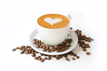 Garden poster Cafe Coffee cup with latte art heart shape and beans isolated on a white background.