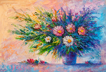 Oil painting a bouquet of flowers .