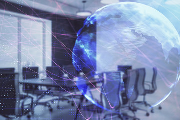 Double exposure of globe hologram on conference room background. Concept of international business