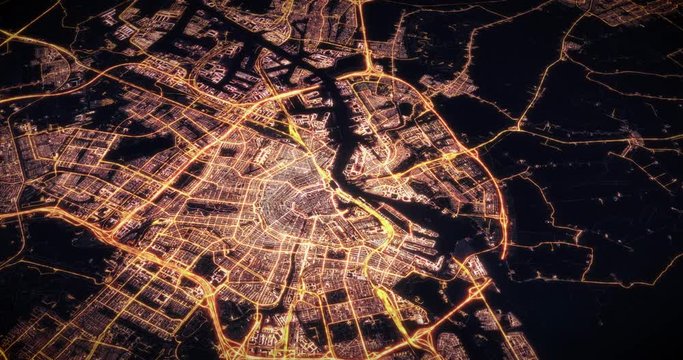 Aerial night view of city of Amsterdam. Traffic and street light glowing. Camera flying above space filming to city center. Rotating around and making endless loop. 3d animation rendering.