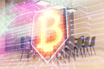 Blockchain theme hologram on conference room background. Double exposure. Concept of cryptocurrency