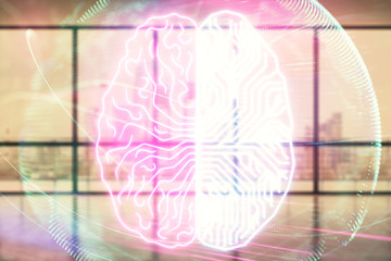 Double exposure of brain drawings hologram on empty room interior background. Data concept.