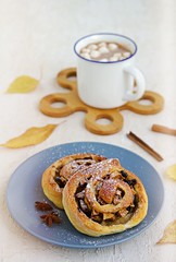 Twisted yeast buns with apples, raisins and cinnamon on a gray plate on a light concrete background. Harvest apples. Recipes with apples.